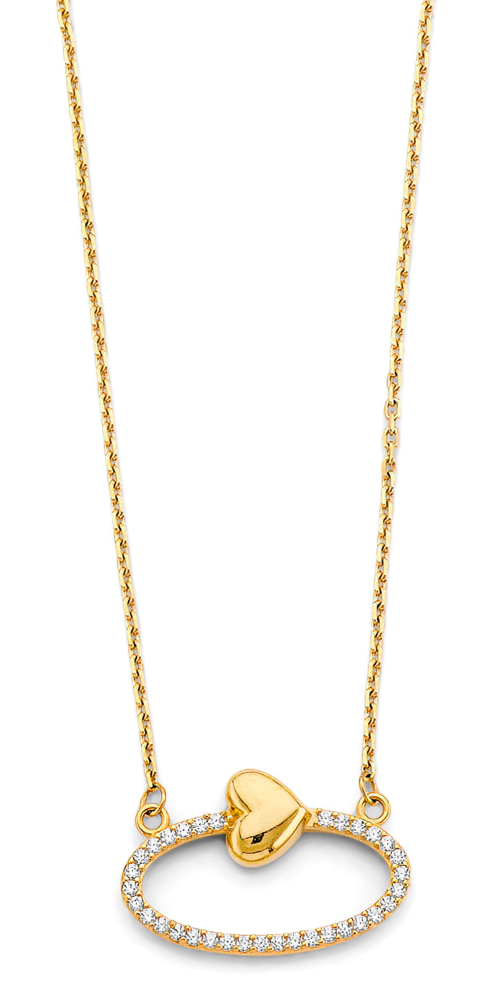 14K Yellow Gold CZ Oval Infinity W/Heart Necklace