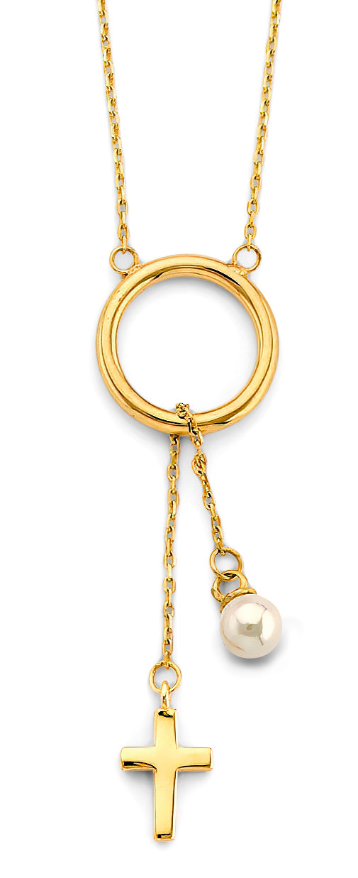 14K Yellow Gold Circle Neck With Hanging Cross & Pearl