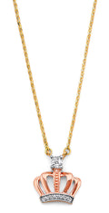 14K Yellow White Rose Gold CZ Pink Crown Necklace