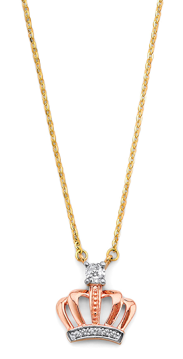 14K Yellow White Rose Gold CZ Pink Crown Necklace