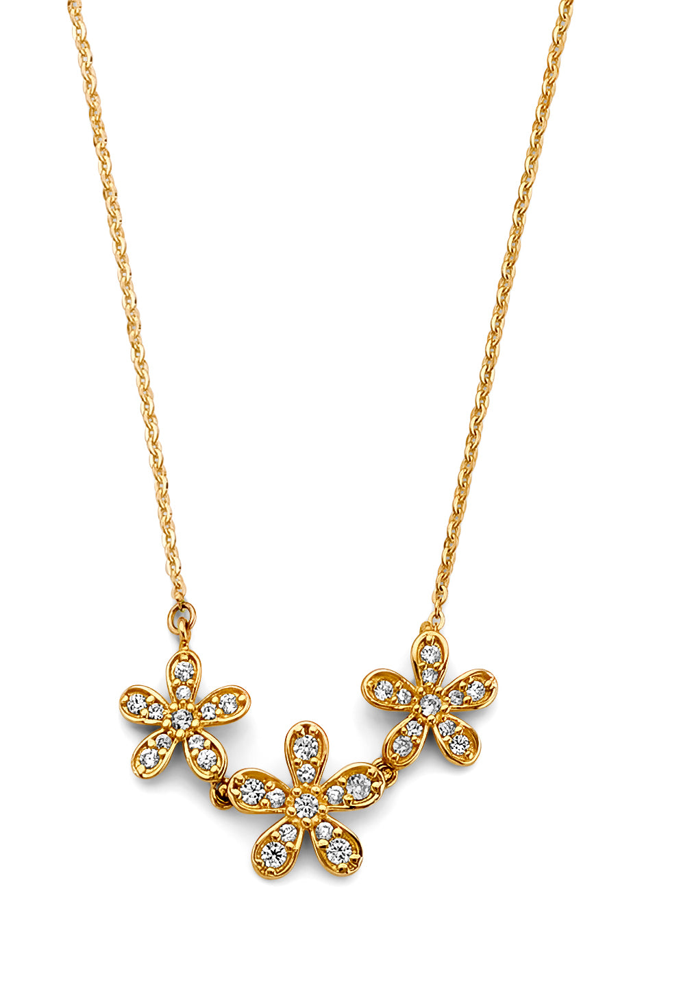 14K Yellow Gold 3 CZ Flowers Necklace