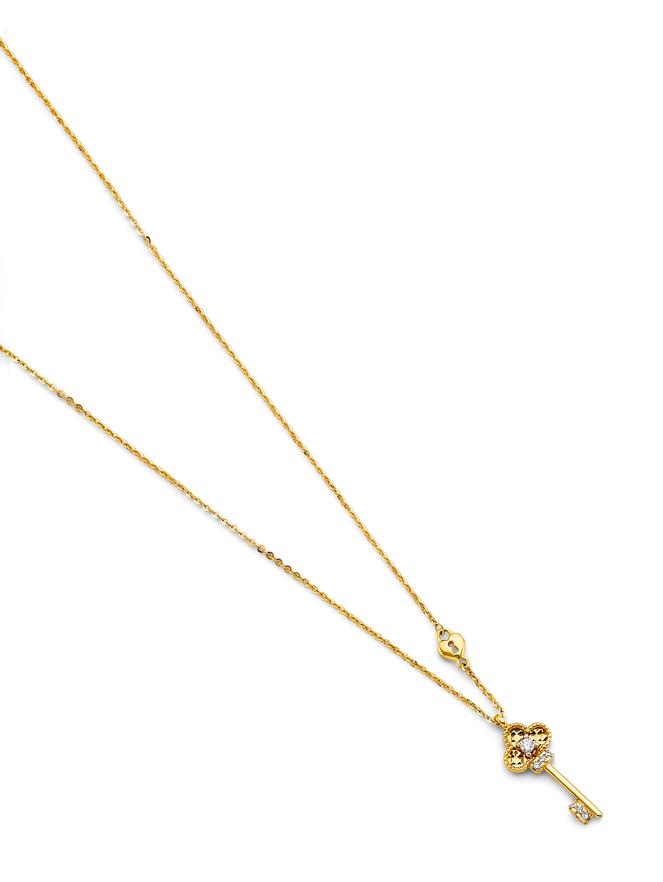 14K Yellow Gold CZ Heart & Key Necklace