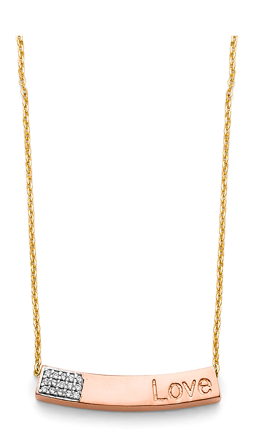 14K Yellow White Rose Gold CZ Curved Love Pink Bar Necklace