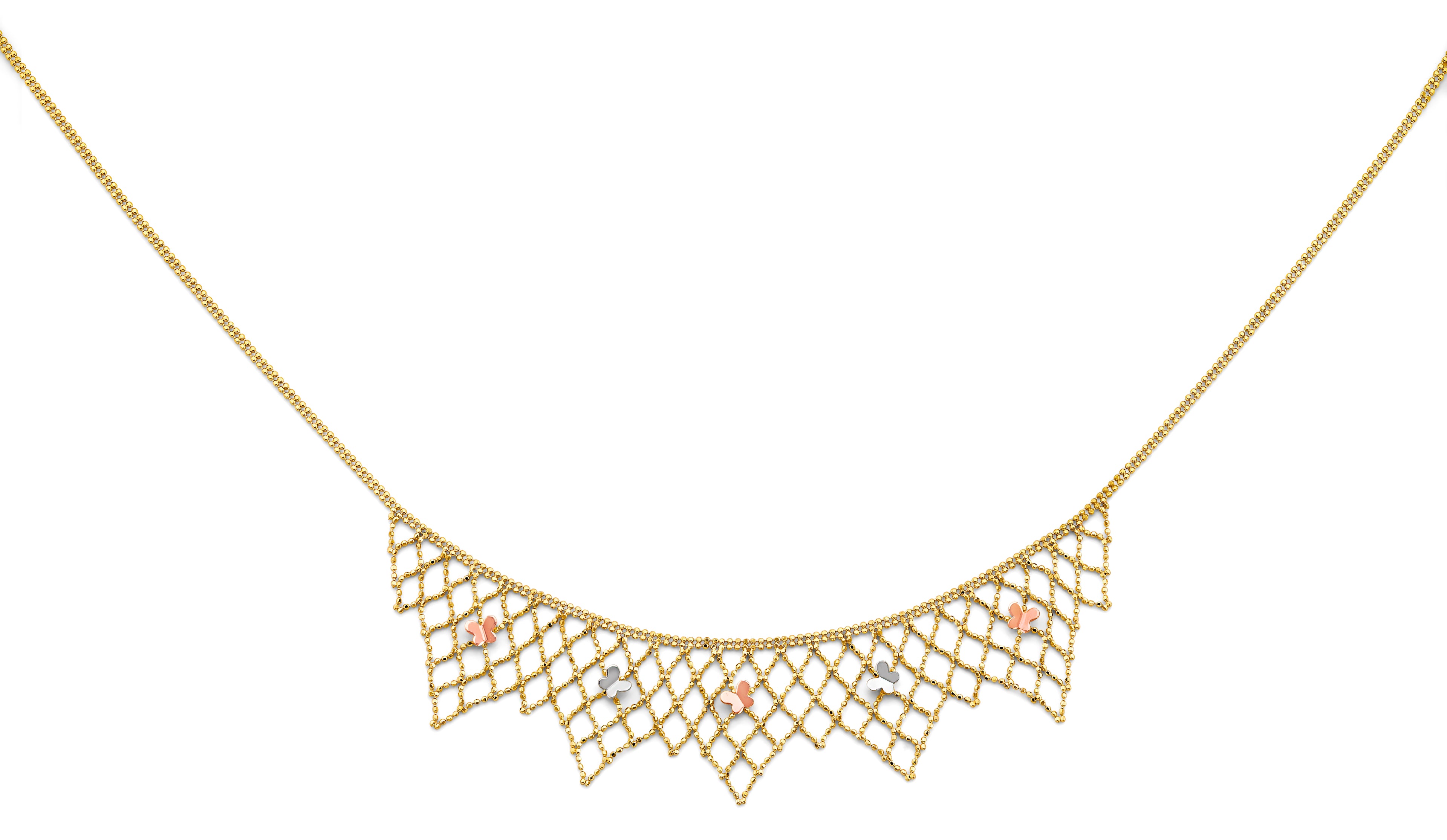 14K Yellow White Rose Gold Beaded Necklace W/Butterfly