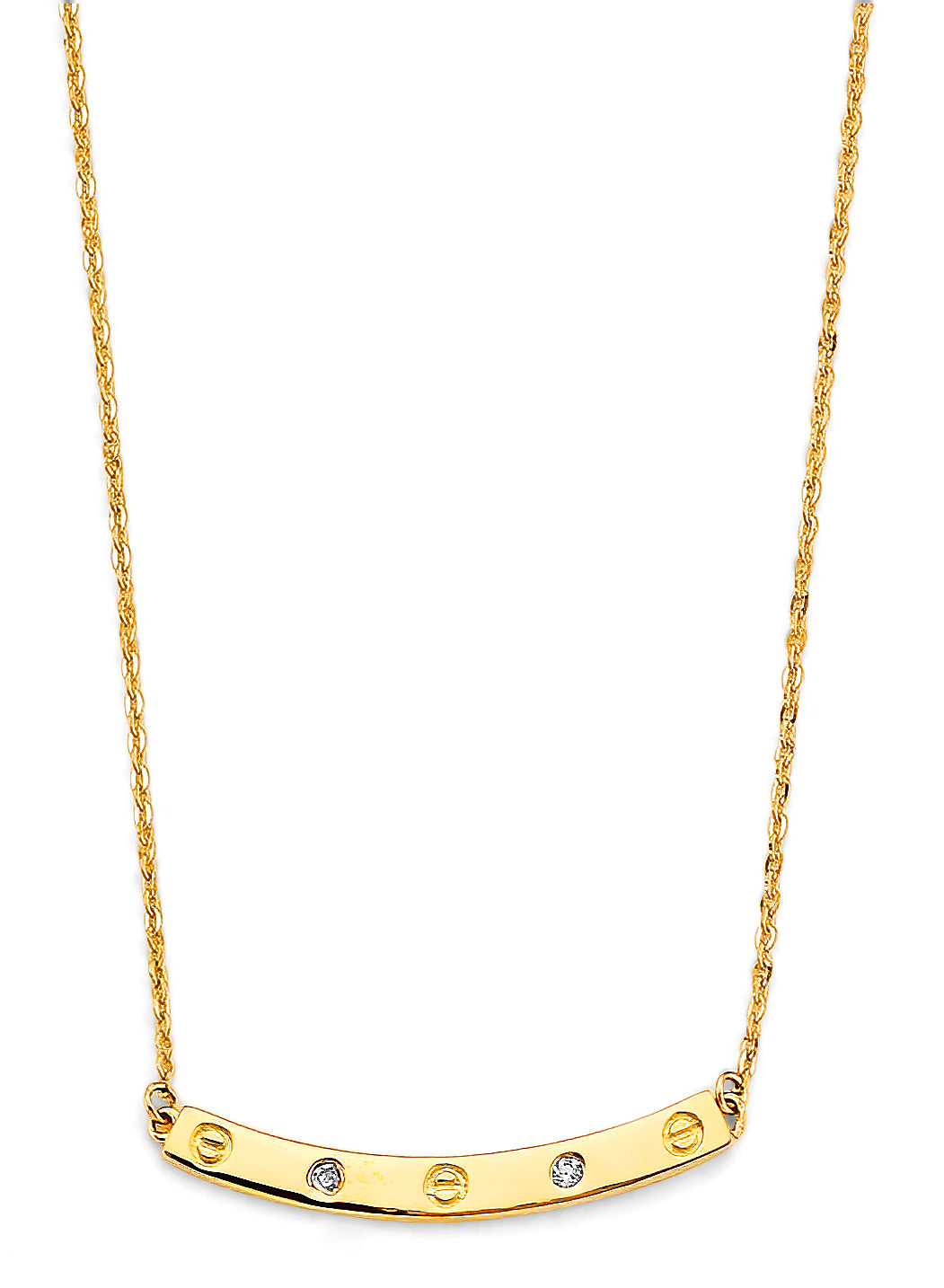 14K Yellow Gold Curved Bar with CZ & Screw Necklace