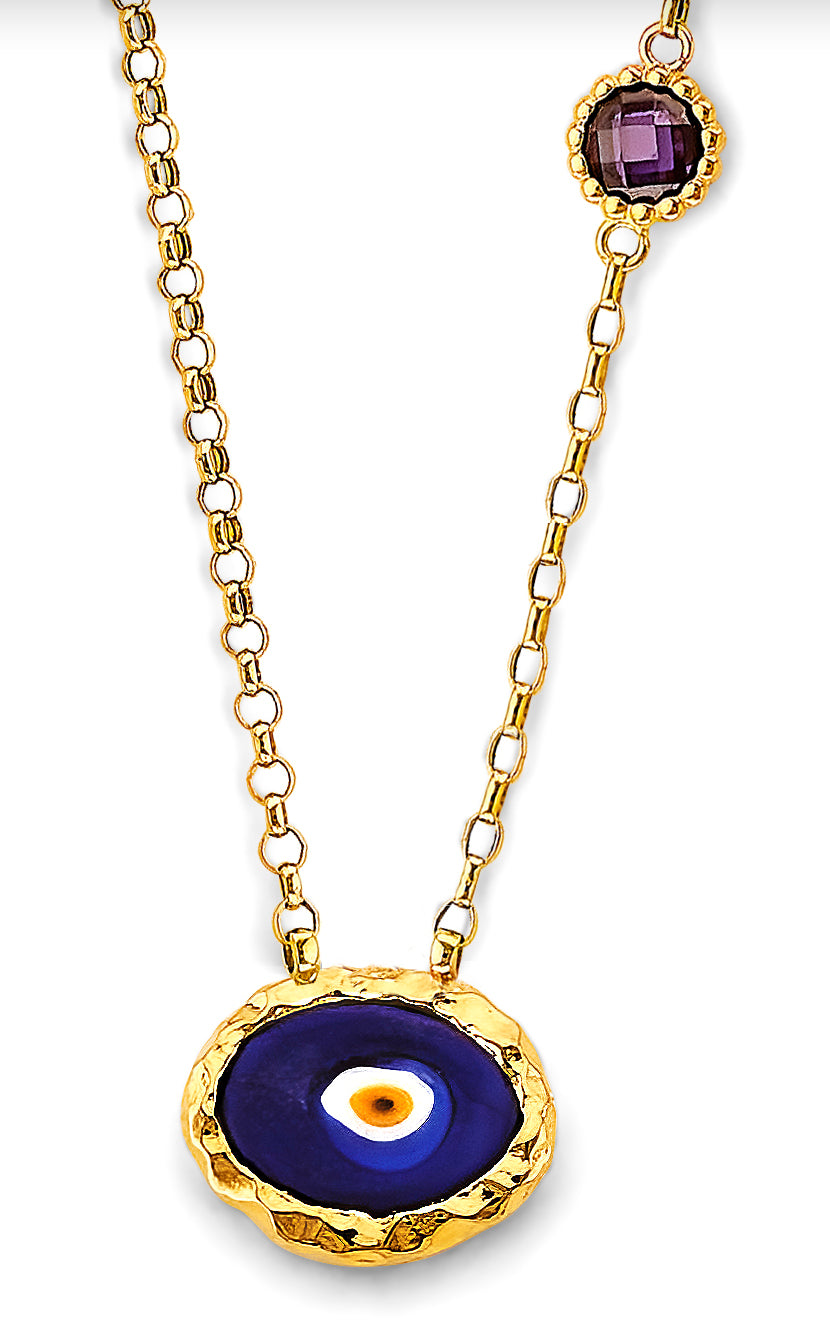 14K Yellow Gold Fancy Blue Evil Eye Necklace W/Cz