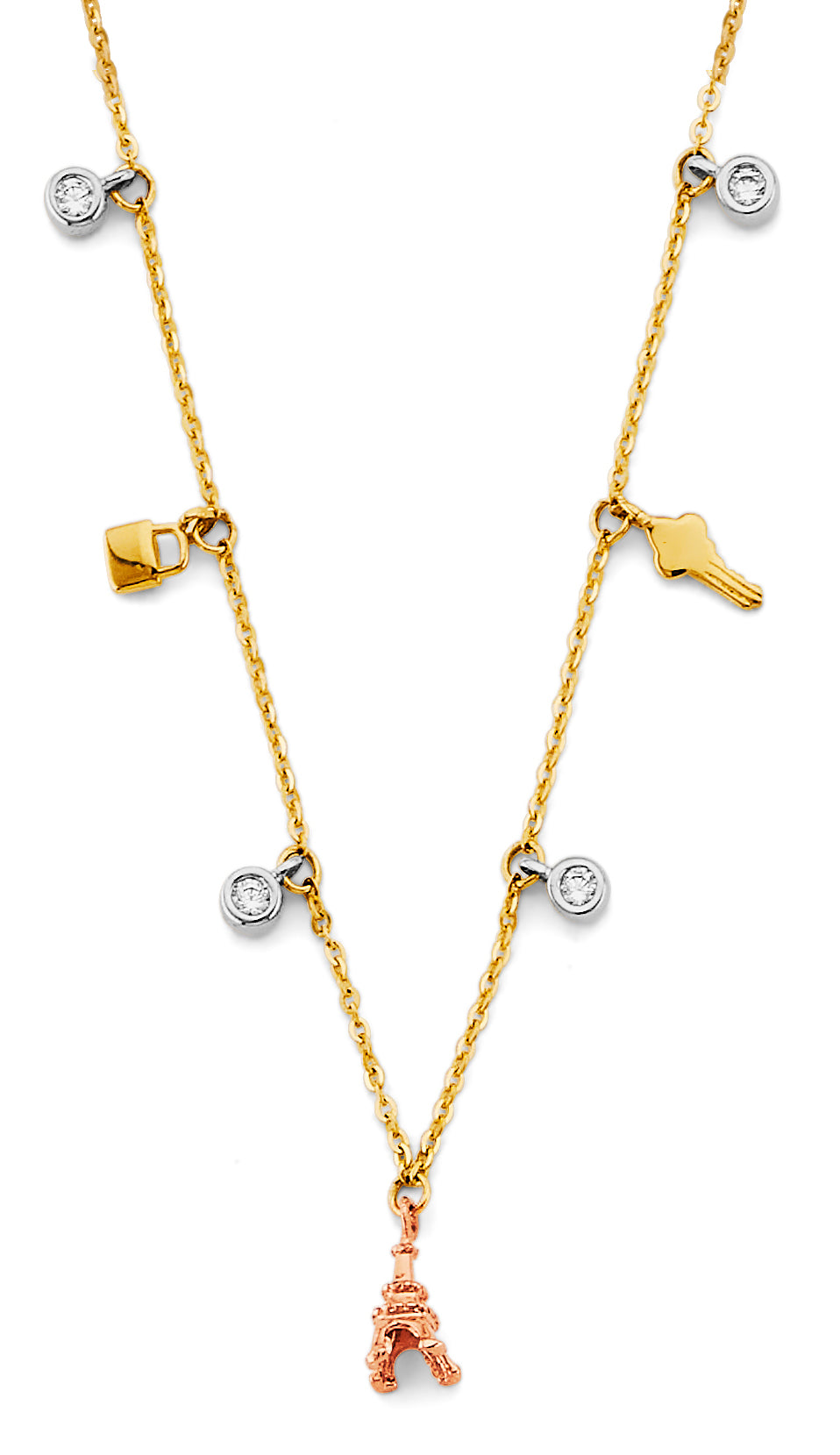 14K Yellow White Rose Gold Charm CZ Necklace