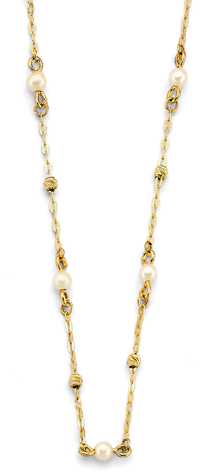 14K Yellow Gold Pearl + Diamond Cut Bead Necklace