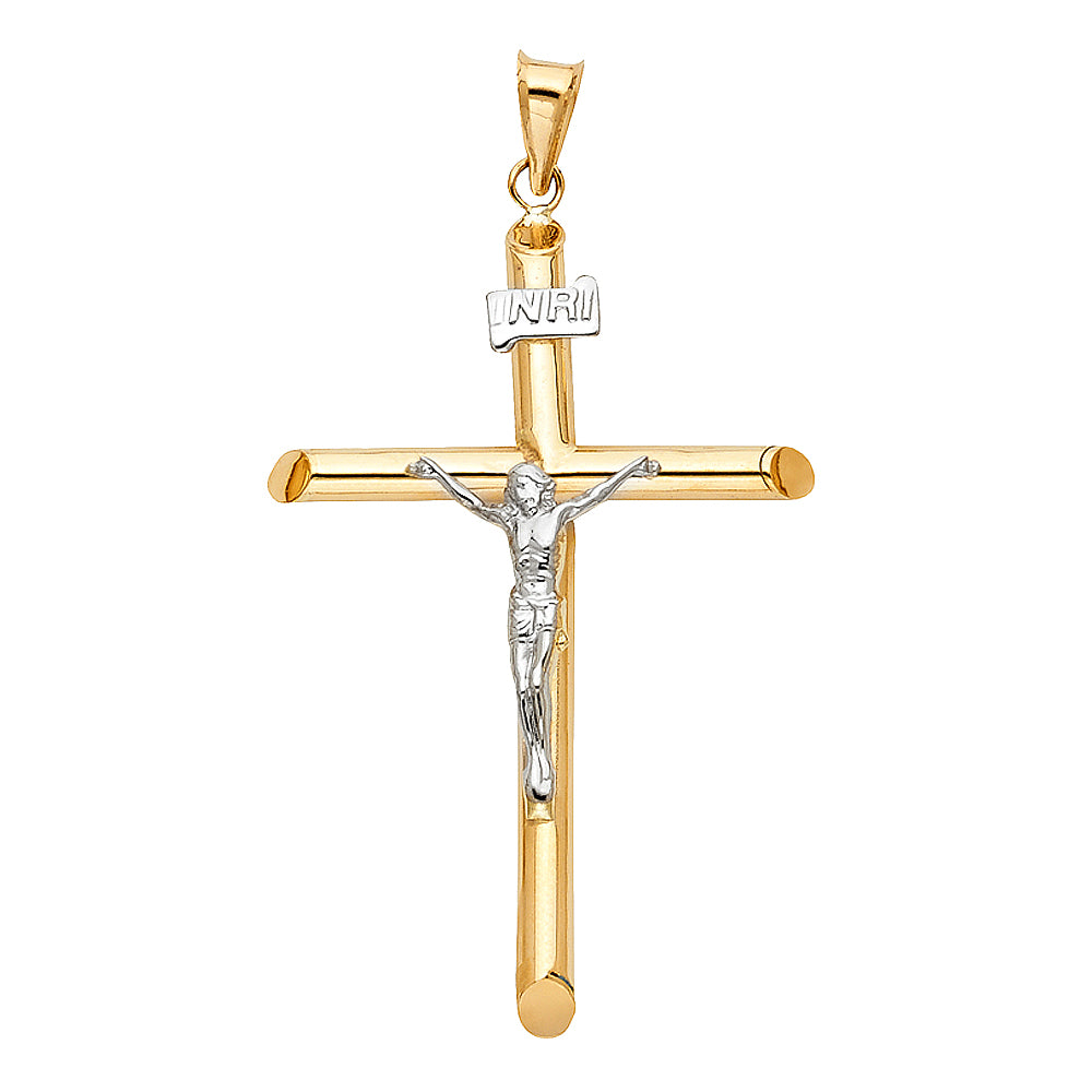 14K Two Tone Gold Hollow Round Tube Crucifix (30X55 mm)
