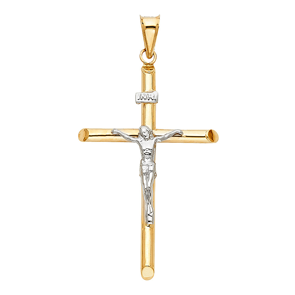 14K Two Tone Gold Hollow Round Tube Crucifix (25X50 mm)