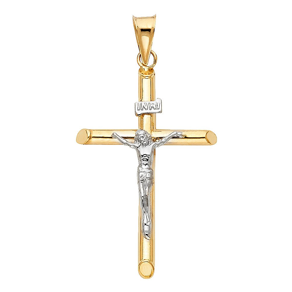 14K Two Tone Gold Hollow Round Tube Crucifix (40X20 mm)