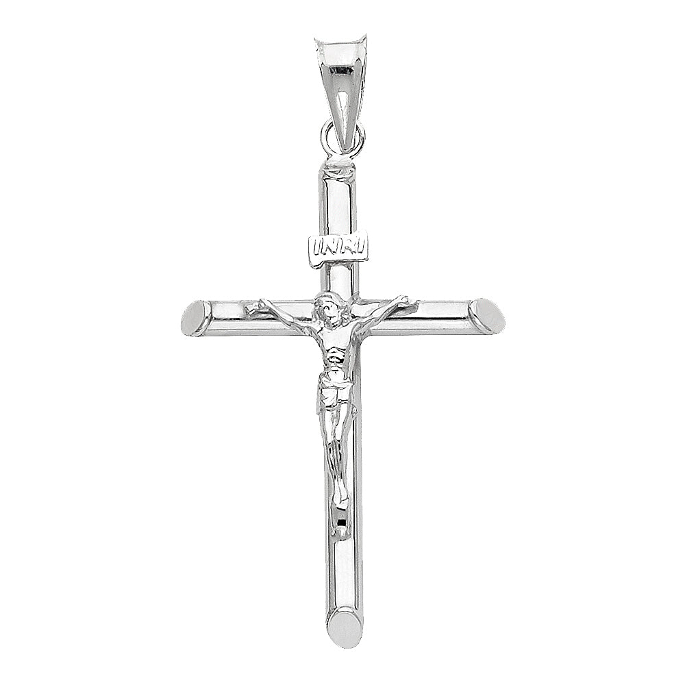 14K White Gold Hollow Round Tube Crucifix (20X40 mm)