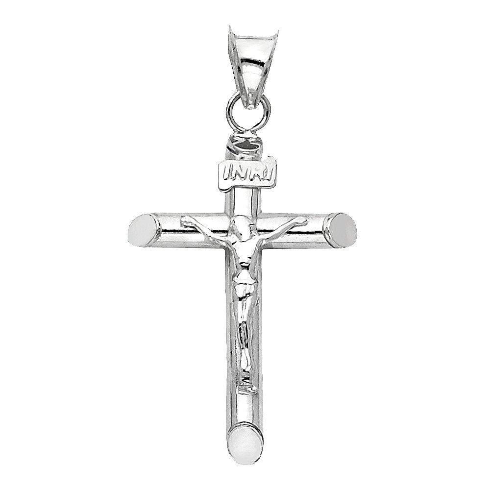 14K White Gold Hollow Round Tube Crucifix (15X35 mm)