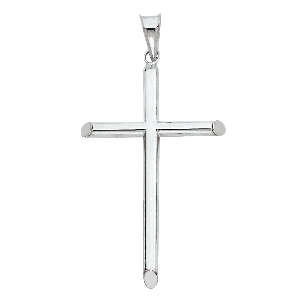 14K White Gold Hollo Round Tube Cross (25X50 mm)