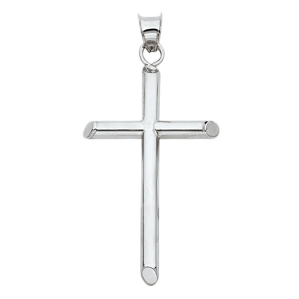 14K White Gold Hollo Round Tube Cross (20X40 mm)