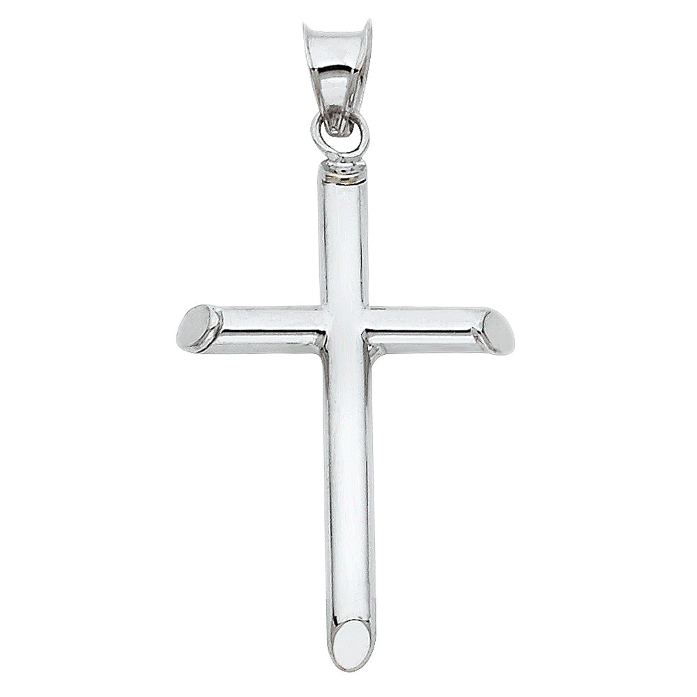 14K White Gold Hollo Round Tube Cross (15X35 mm)