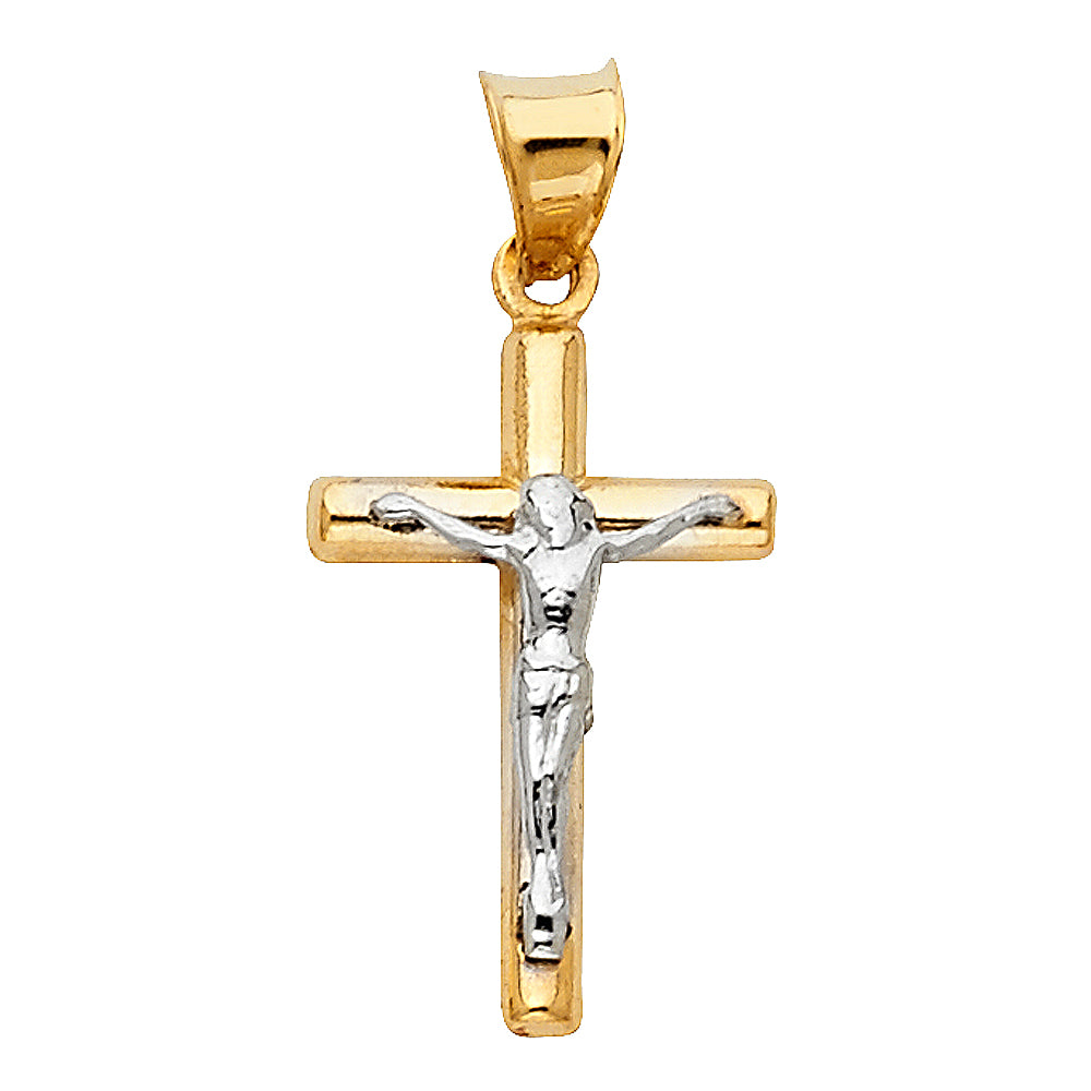 14K Two Tone Gold Hollow Round Tube Crucifix