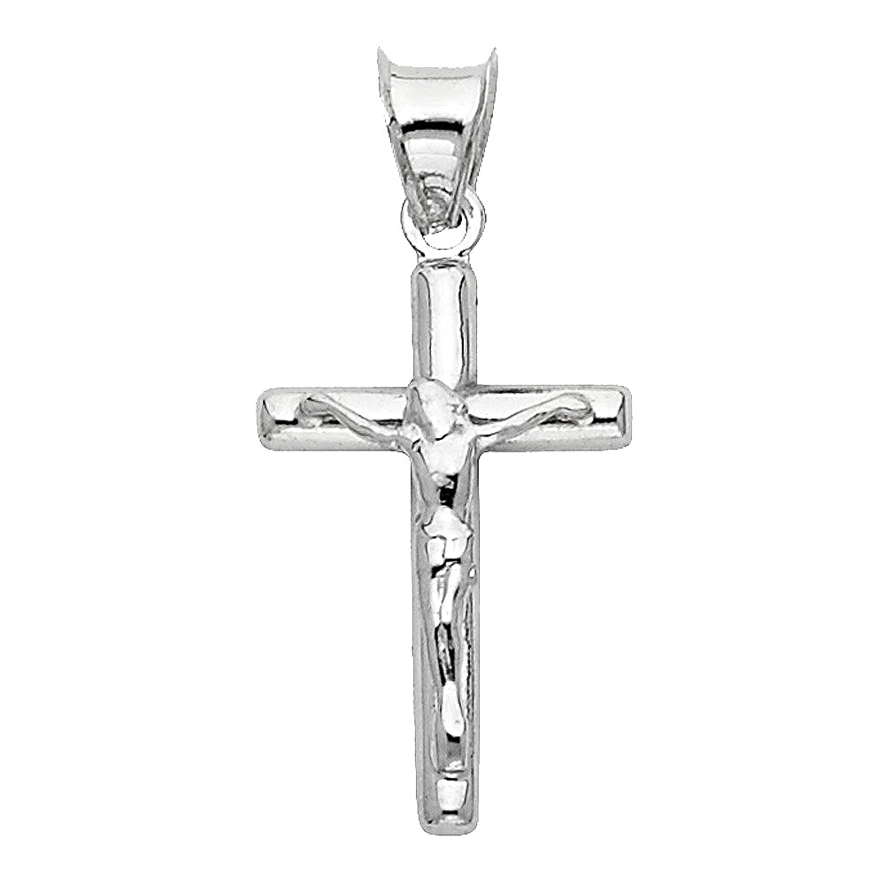 14K White Gold Hollow Round Tube Crucifix