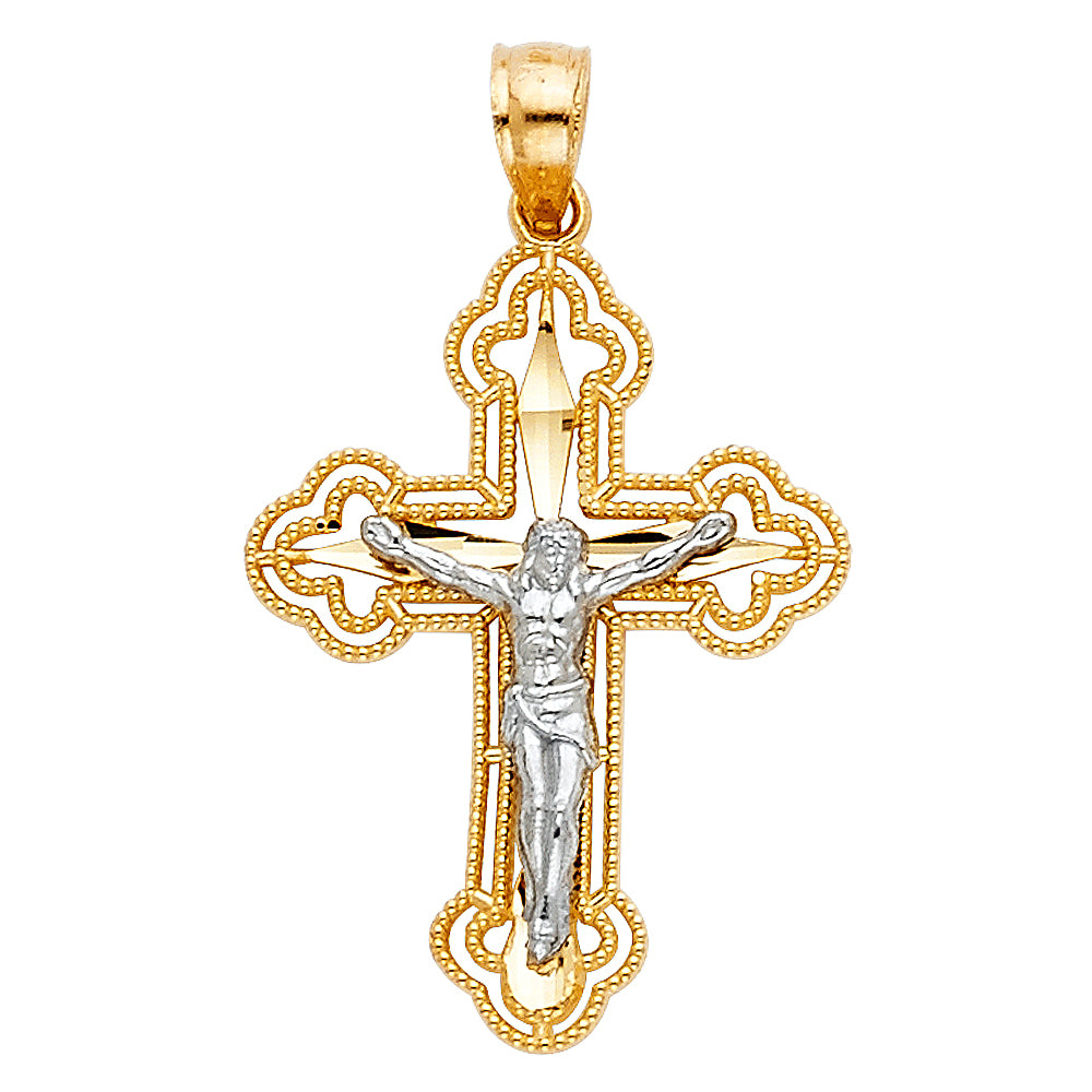 14K Two Tone Gold Budded Cut-Out Crucifix