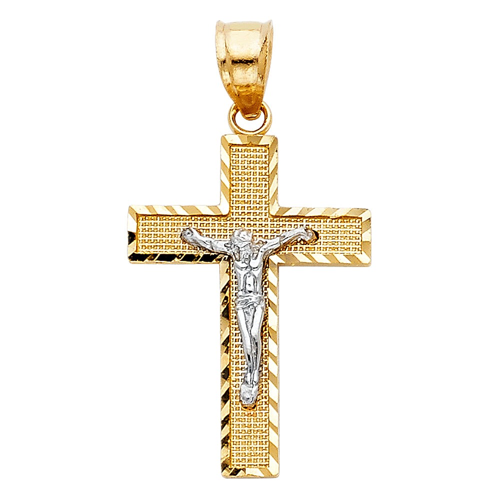 14K Two Tone Gold Side Diamond Cut Crucifix