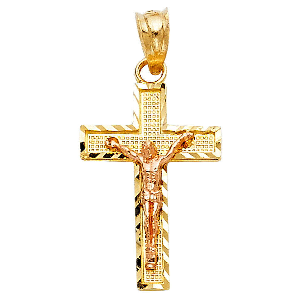 14K Two Tone Gold Side Diamond Cut Crucifix