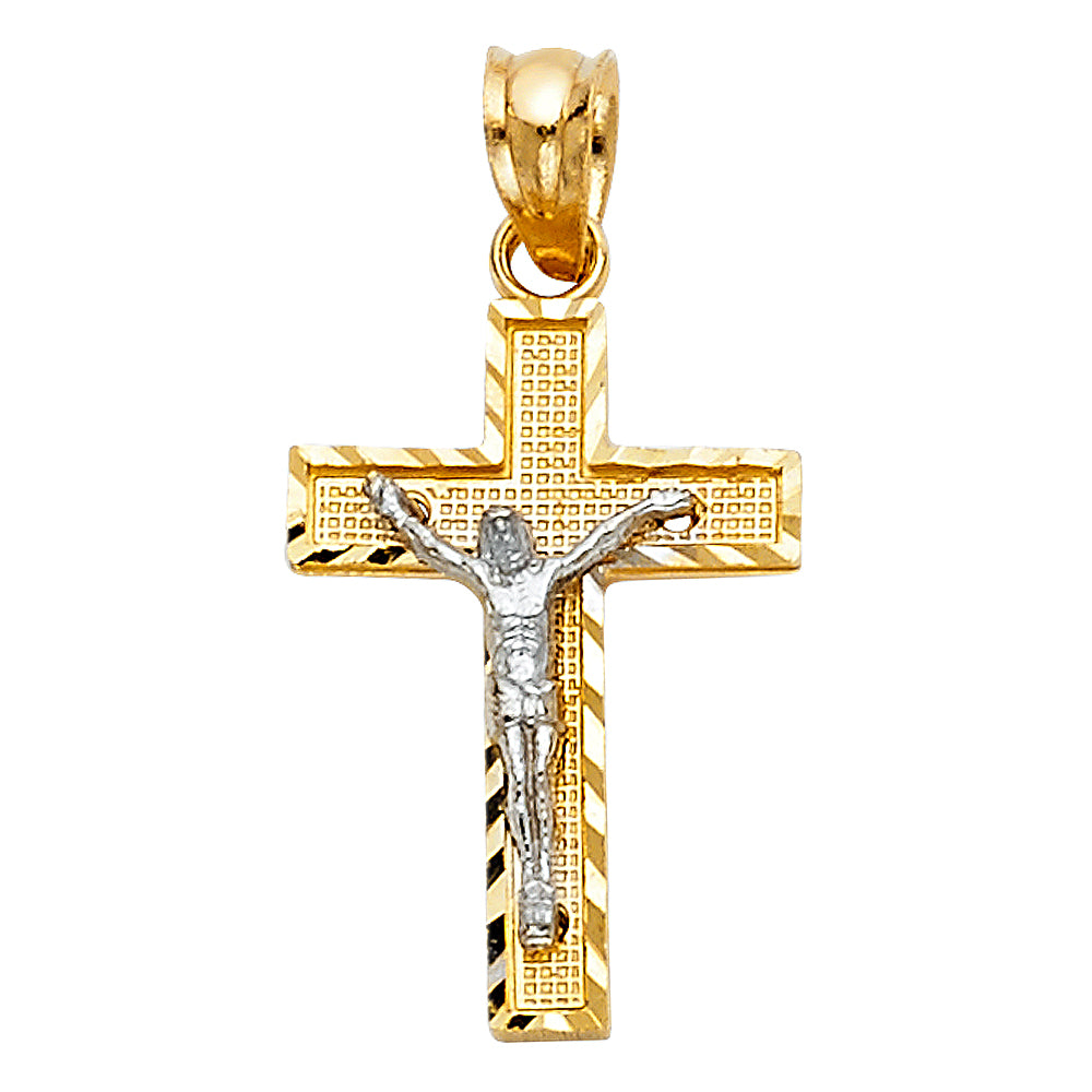 14K Two Tone Gold Side Diamond Cut Crucifix