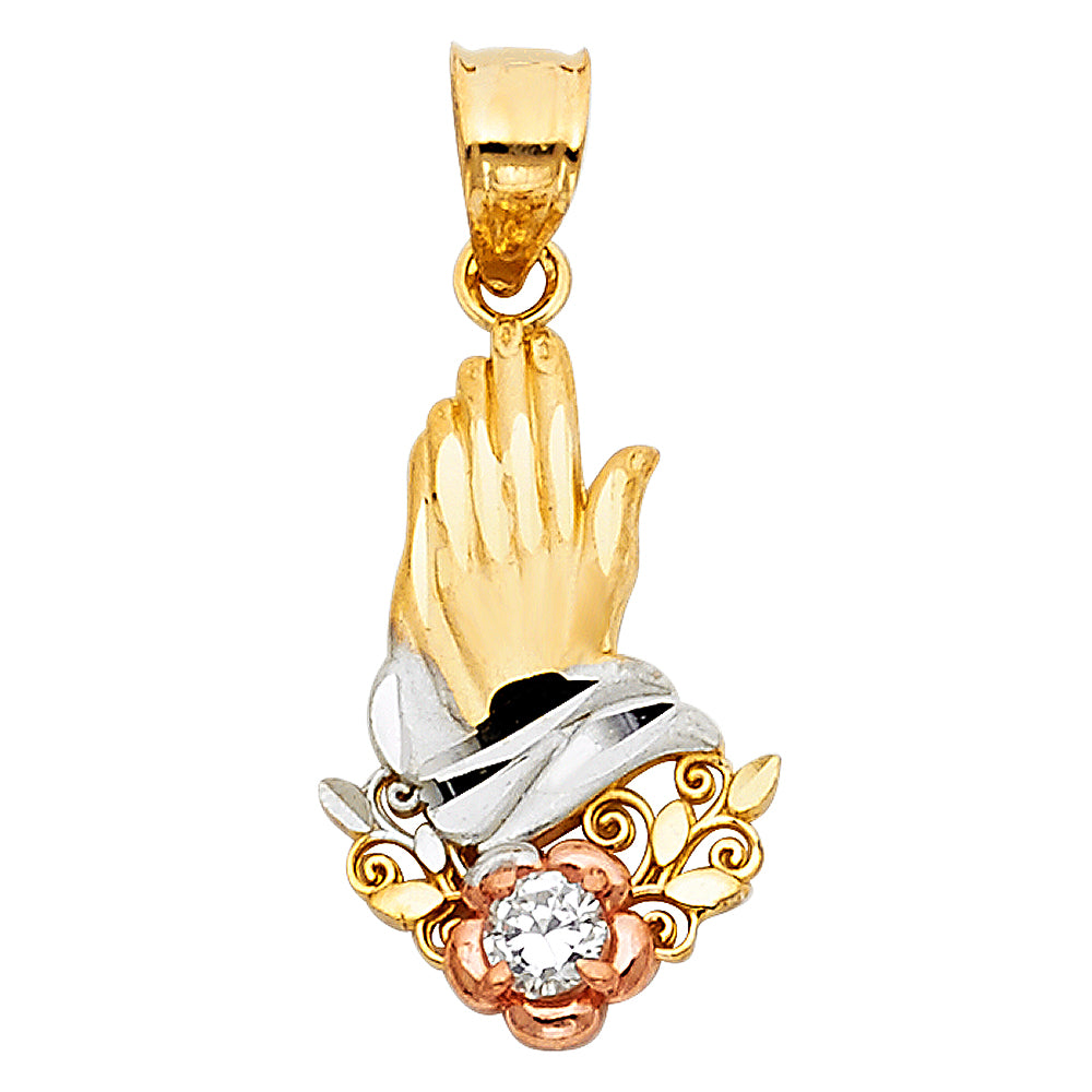 14K Yellow White Rose Gold CZ Praying Hands Pendant