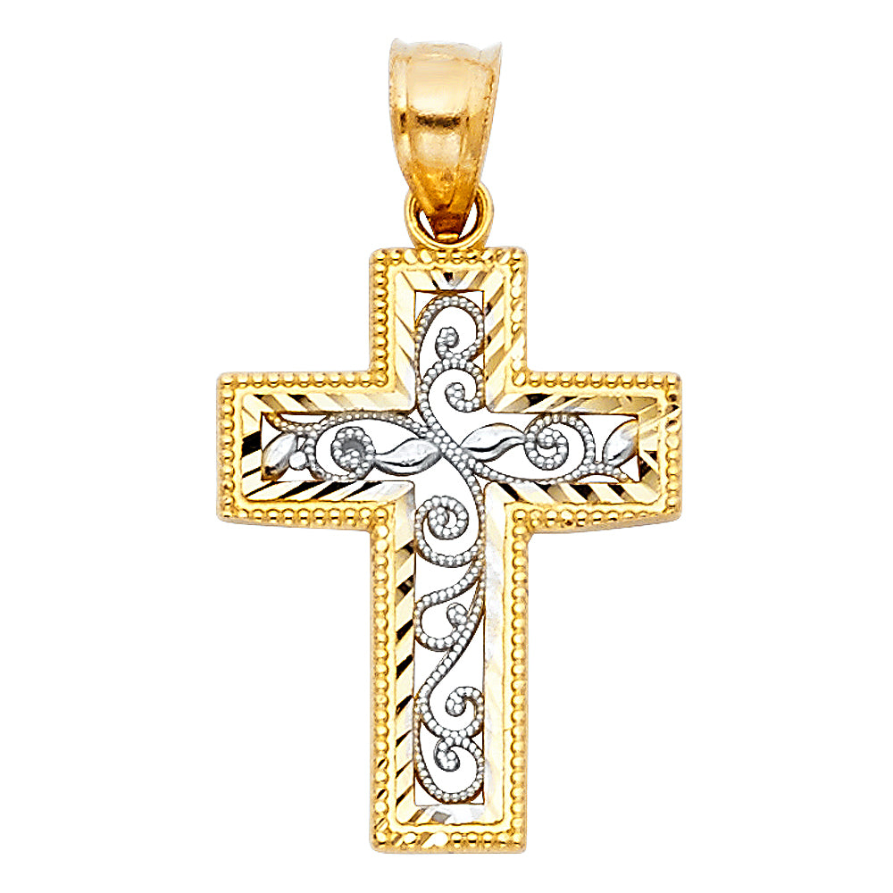 14K Two Tone Gold Fancy Design Cross Pendant