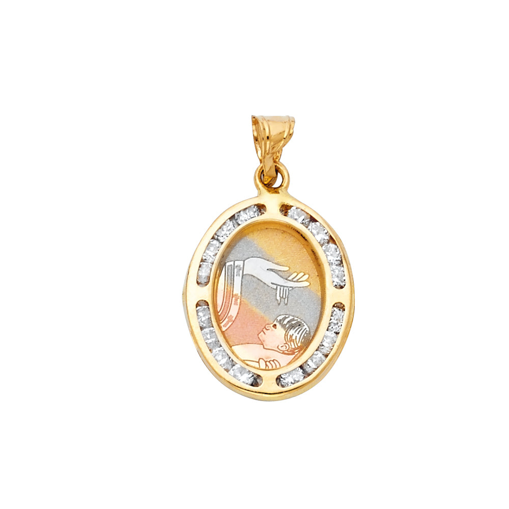 14K Yellow White Rose Gold CZ Oval Baptism Pendant