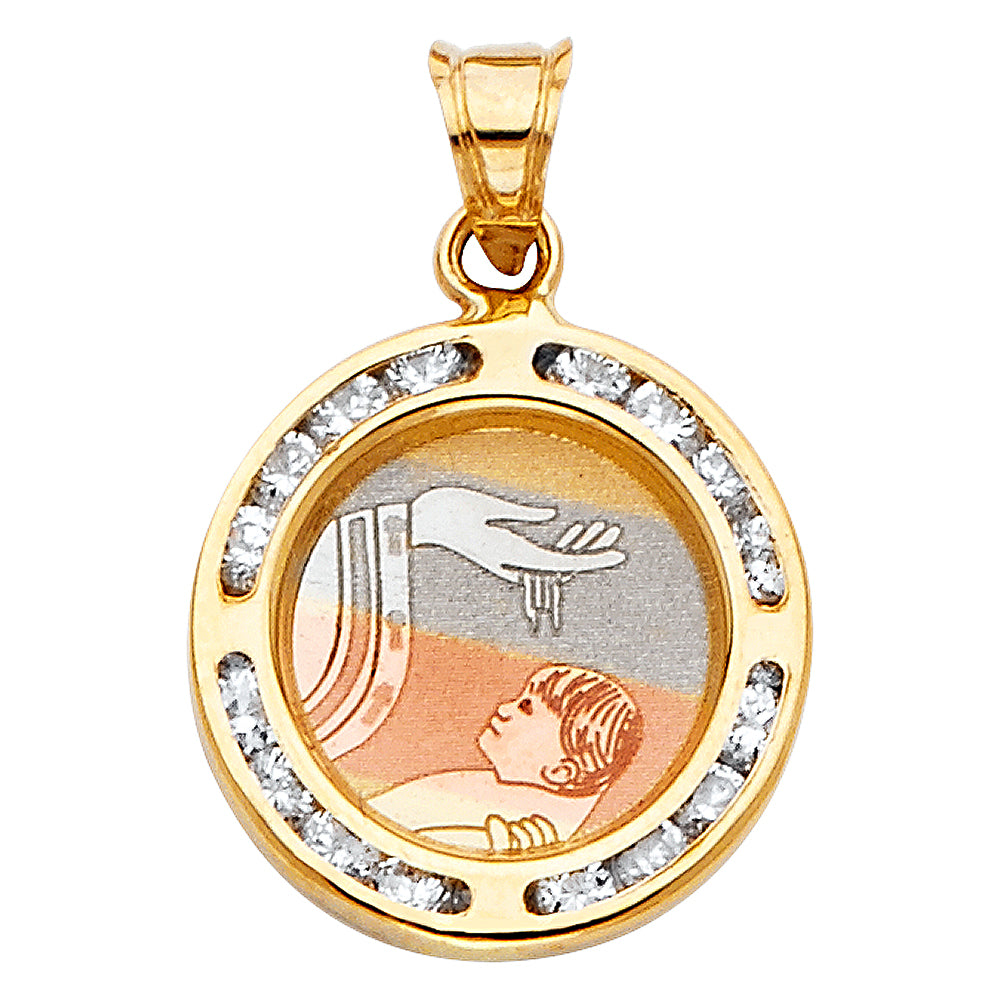 14K Yellow White Rose Gold CZ Round Baptism Pendant