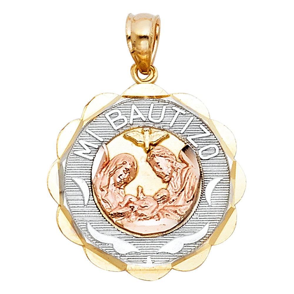 14K Yellow White Rose Gold Mi Bautizo Pendant Round Big