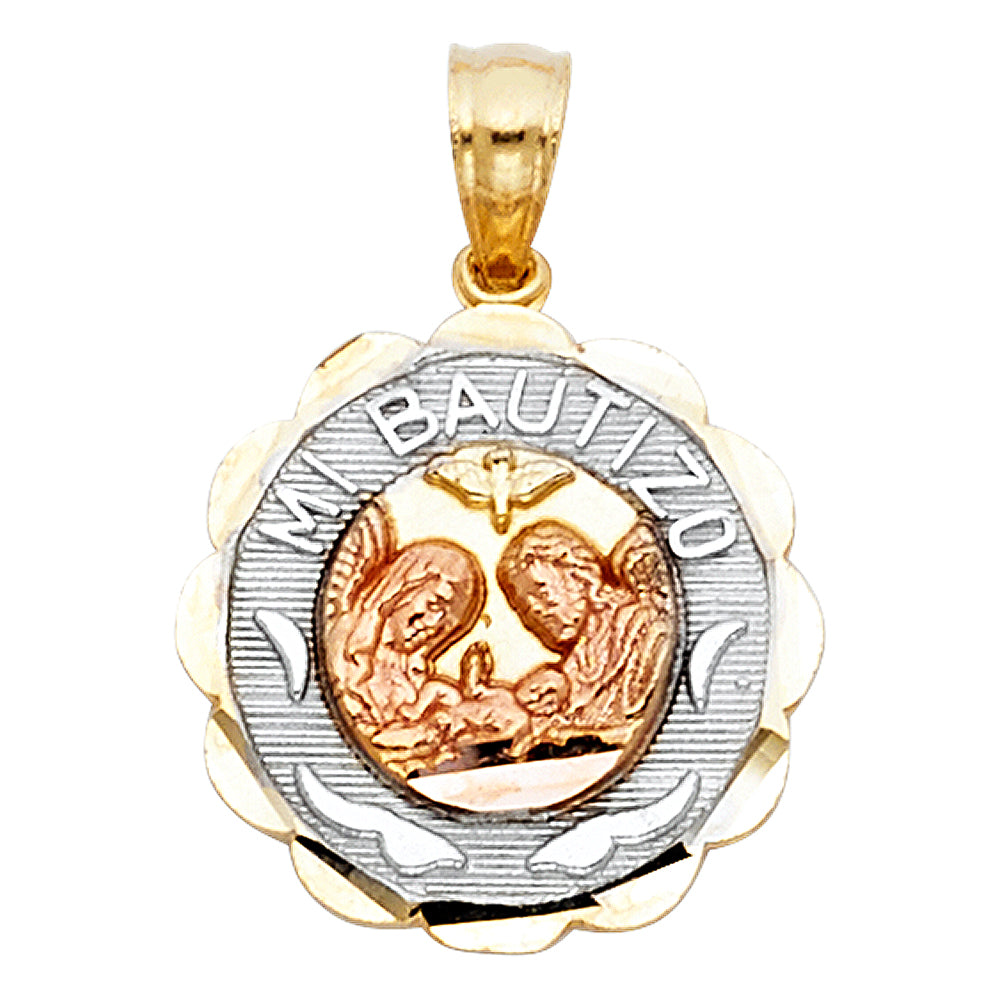 14K Yellow White Rose Gold Mi Bautizo Pendant Round Small
