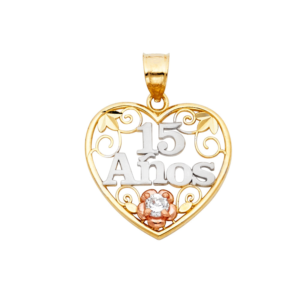14K Yellow White Rose Gold 15 Years Heart Pendant (PT357)