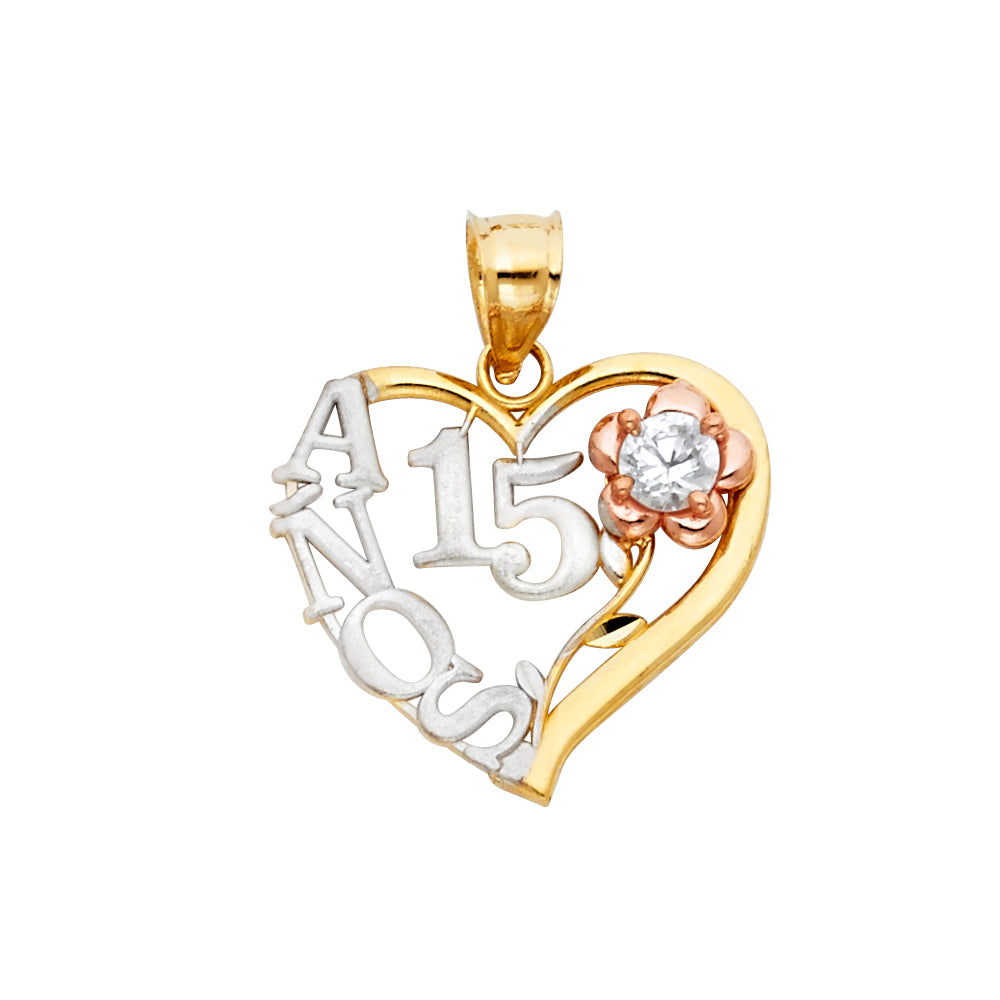 14K Yellow White Rose Gold 15 Years Heart Pendant (PT358)