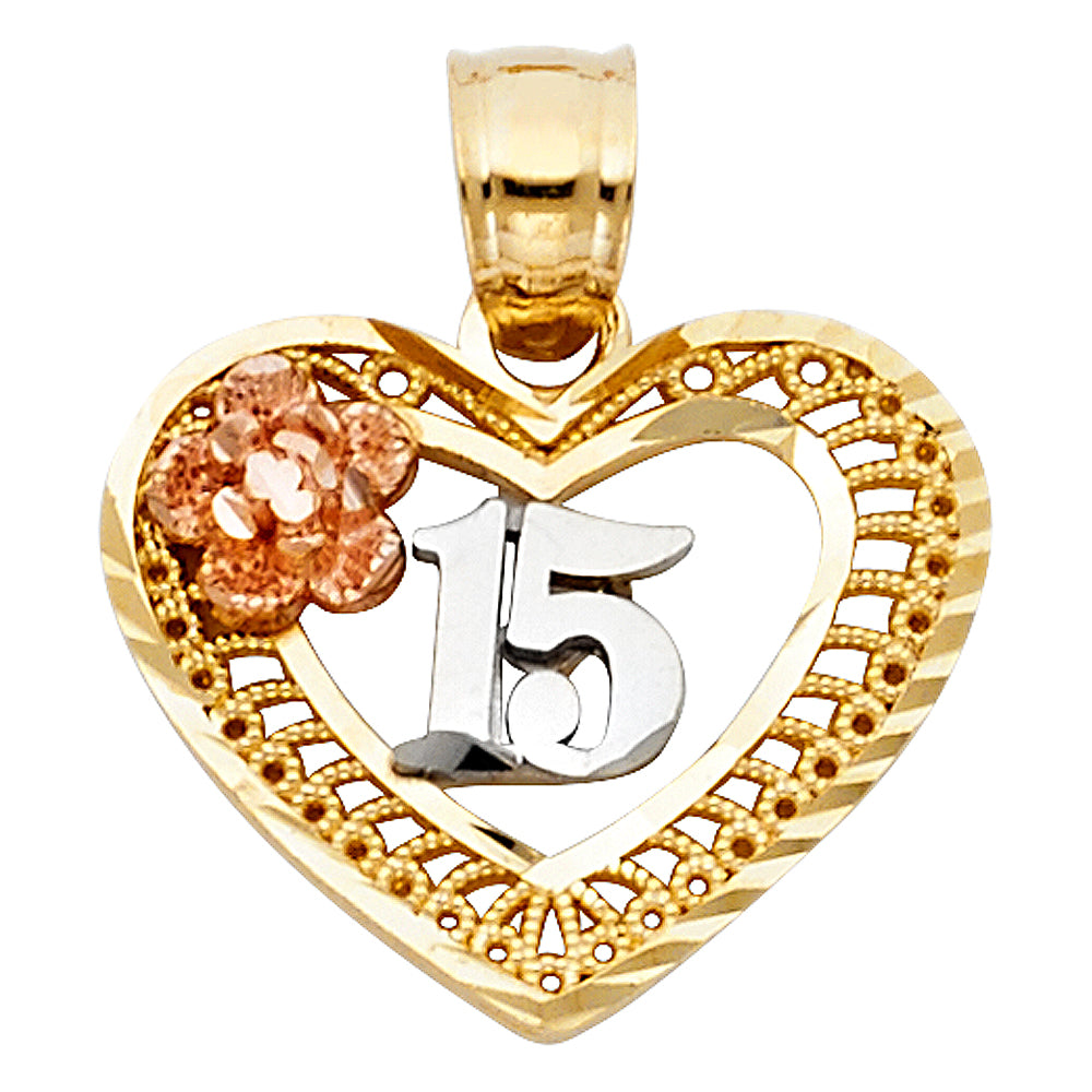 14K Yellow White Rose Gold 15 Years Heart Pendant (PT361)