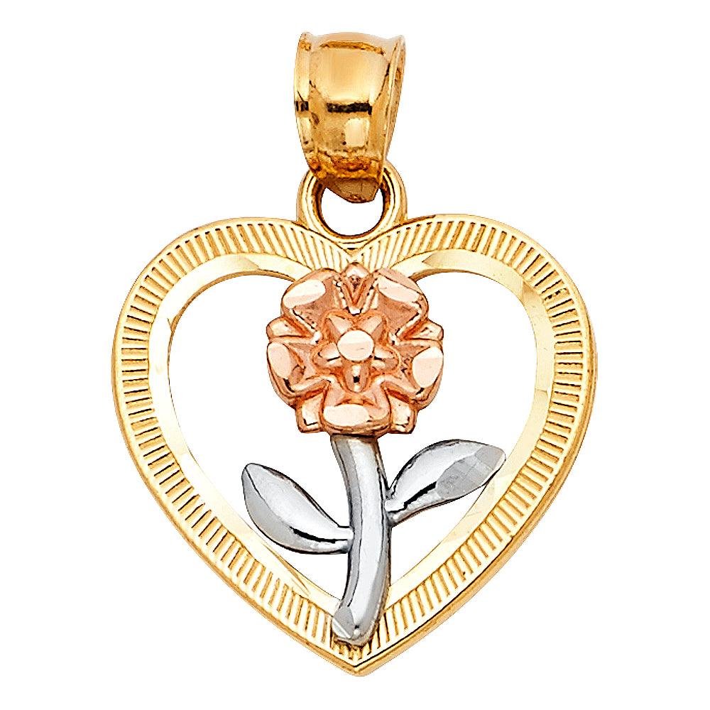 14K Yellow White Rose Gold Heart Flower Pendant (PT394)