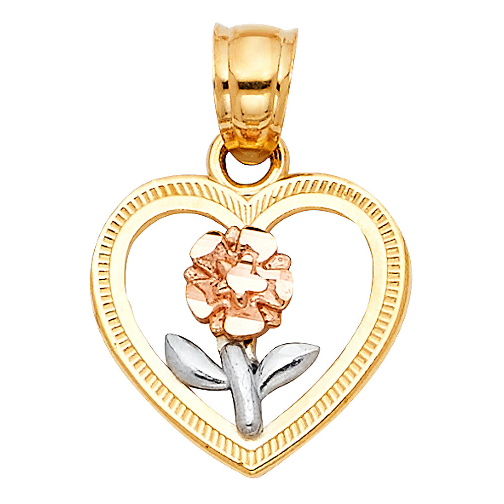 14K Yellow White Rose Gold Heart Flower Pendant (PT395)