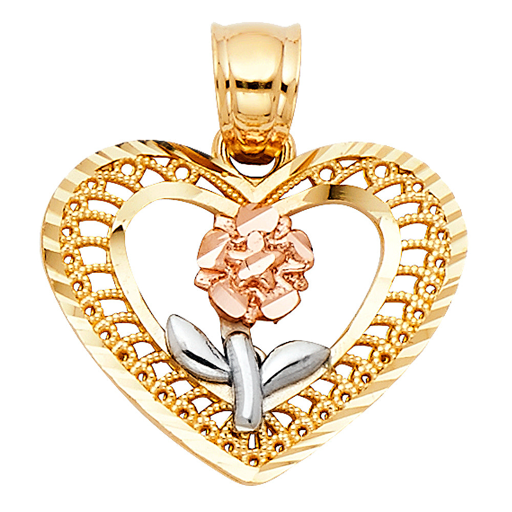 14K Yellow White Rose Gold Heart Flower Pendant (PT396)