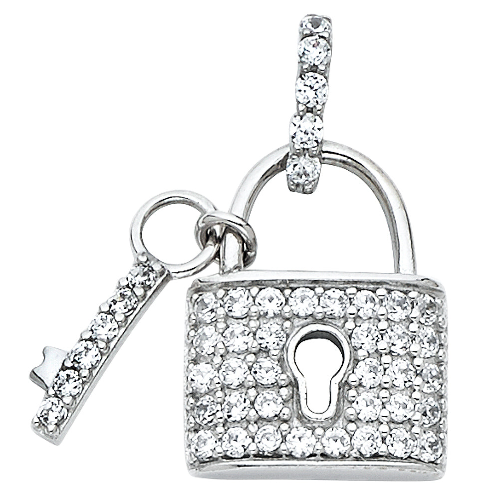 14K White Gold CZ Lock Pendant (PT550)