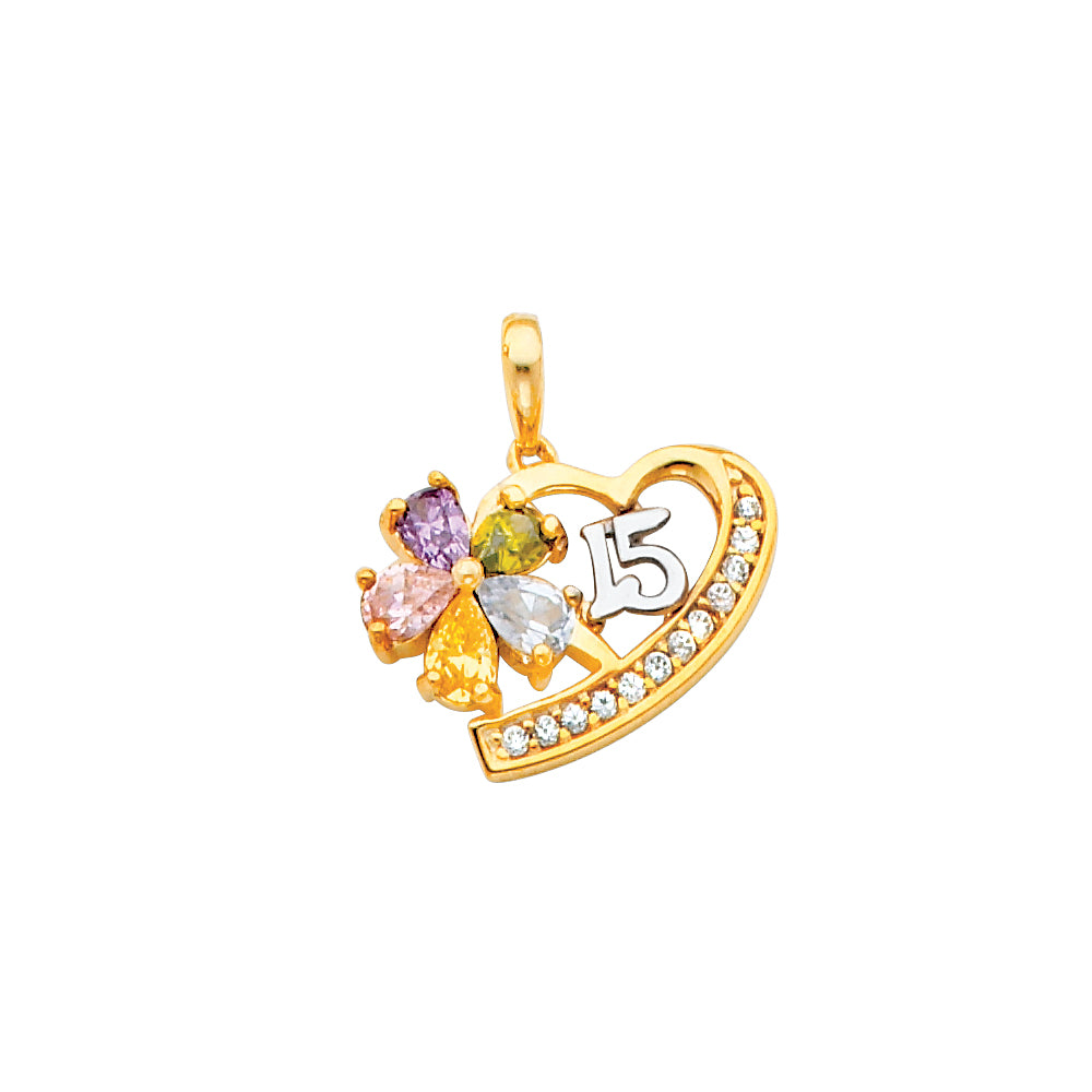 14K Two Tone Gold CZ 15 Yrs Heart Pendant (PT669)