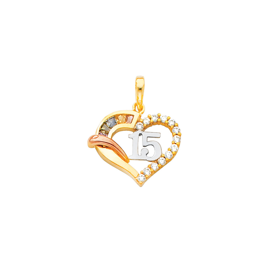 14K Yellow White Rose Gold CZ 15 Yrs Heart Pendant (PT670)