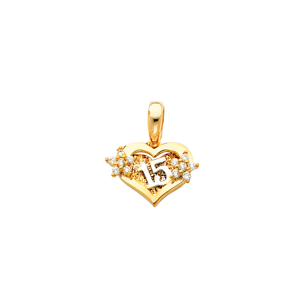 14K Two Tone Gold CZ 15 Yrs Heart Pendant (PT672)