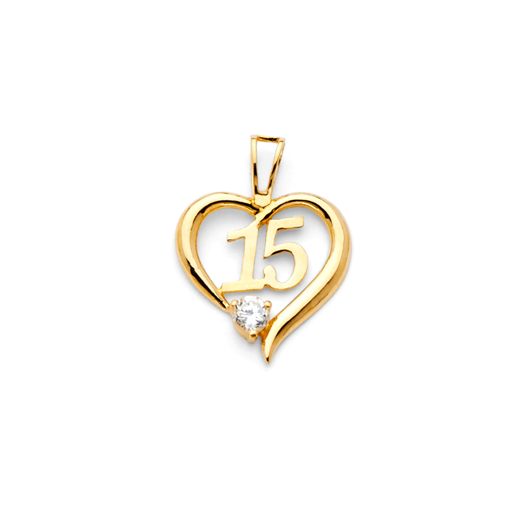 14K Yellow Gold CZ 15 Yrs Heart Pendant (PT719)