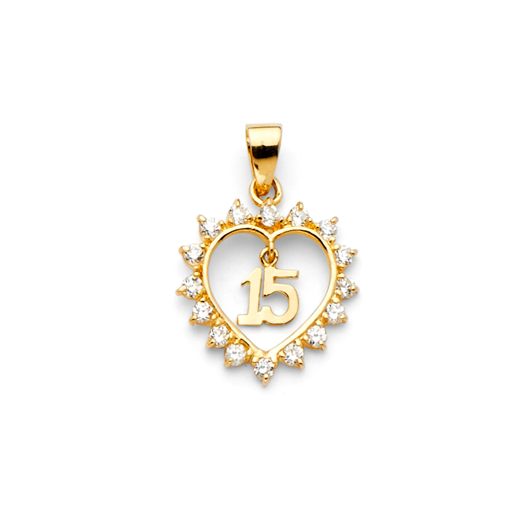 14K Yellow Gold CZ 15 Yrs Heart Pendant (PT720)