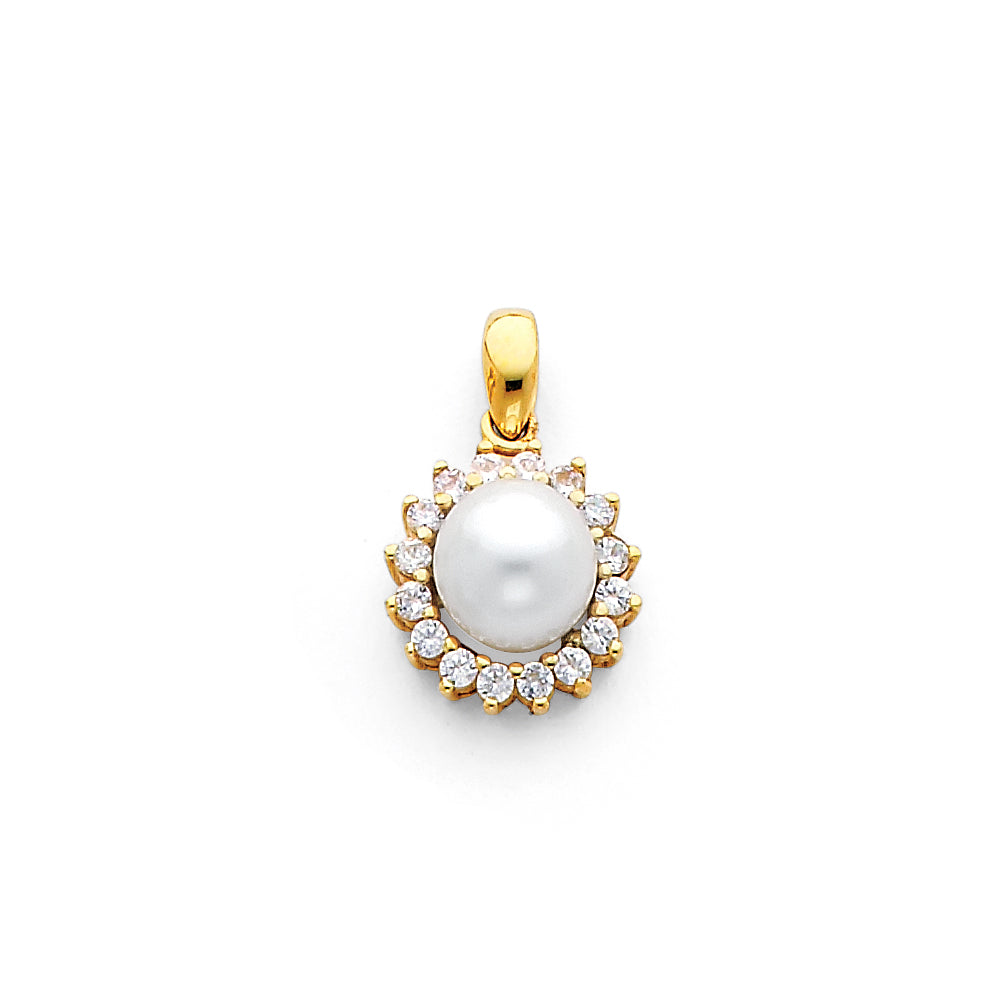 14K Yellow Gold CZ Pearl Pendant (PT724)