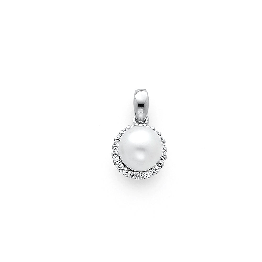 14K White Gold CZ Pearl Pendant (PT729)