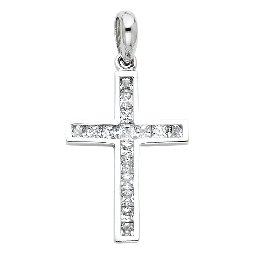 14K White Gold Cross CZ Pendant