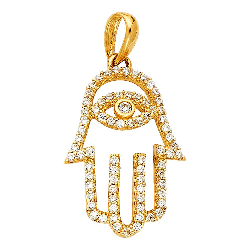 14K Yellow Gold Hamsa Hand CZ Pendant