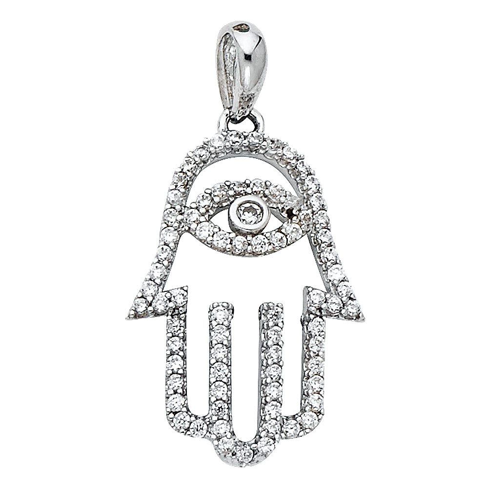 14K White Gold Hamsa Hand CZ Pendant