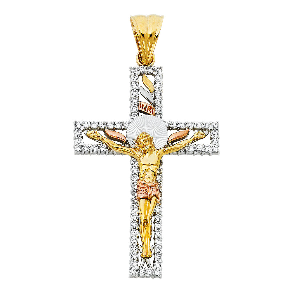 14K Yellow White Rose Gold CZ Fnacy Crucifix Pendant